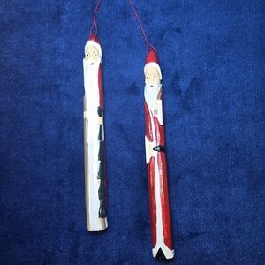 Hand-Carved Wooden Pencil Santa Claus Holiday Ornament Old World Folk Art Rustic